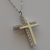 Handmade sterling silver double cross 925o with silver chain and cord with silver plating and zirconia IJ-090080A Image 3 in natural environment without special lighting