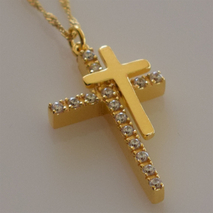 Handmade sterling silver double cross 925o with silver chain and cord with gold plating and zirconia IJ-090081B Image 3 in natural environment without special lighting