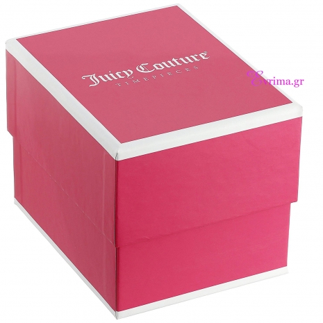 Juicy Couture Ρολόι από ροζ χρυσό ανοξείδωτο ατσάλι με λευκό λουράκι από καουτσούκ 1901405 κουτί
