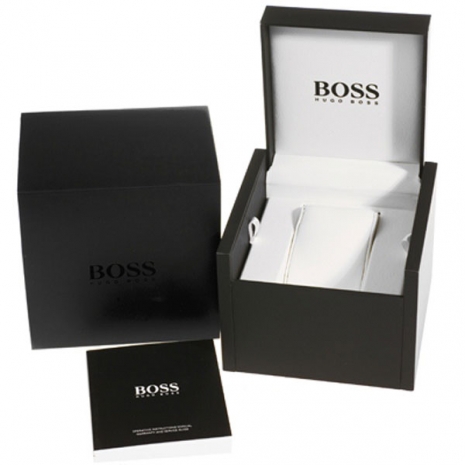 Hugo Boss Ρολόι από ανοξείδωτο ατσάλι με μαύρο δερμάτινο λουράκι 1513042 κουτί