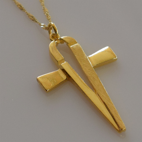 Handmade sterling silver cross 925o with silver chain and cord with mat gold plating IJ-090010B Image 3 in natural environment without special lighting