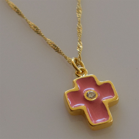 Handmade sterling silver cross 925o with silver chain and cord with gold plating and pink enamel and zirconia IJ-090068B Image 3 in natural environment without special lighting