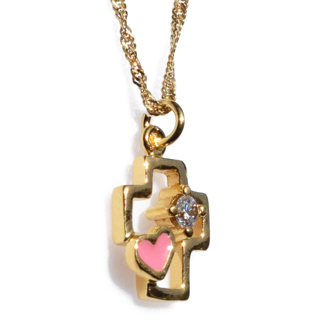 Χειροποίητος ασημένιος σταυρός 925ο καρδιά με αλυσίδα και κορδόνι σε χρυσή επιμετάλλωση με ροζ σμάλτο και ζιργκόν IJ-090075B Εικόνα 2